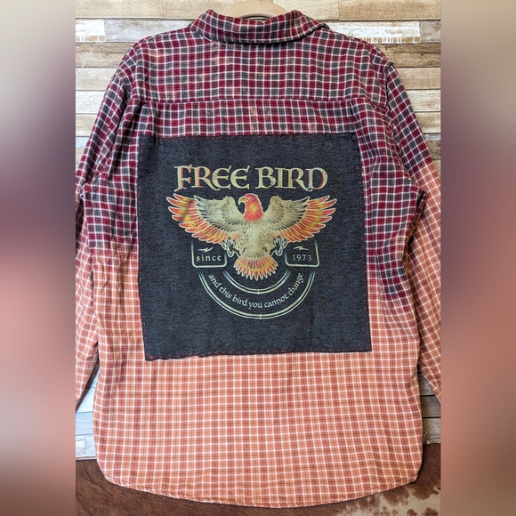 Free Bird Upcycled Handcrafted Dip Dye Bleach Flannel Shirt - Picture 2 of 13